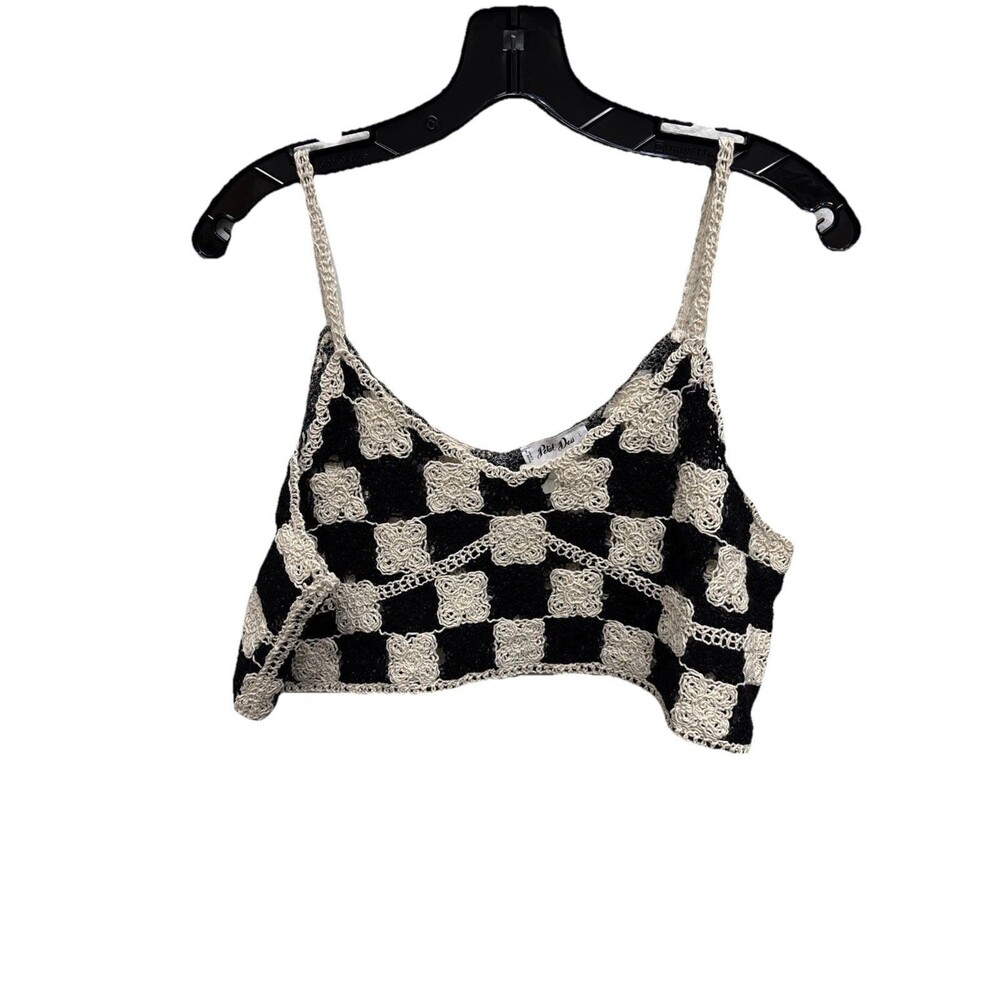 Petal Dew Crochet Checker Tank Top L Strappy Crop Sheer New Black Ivory